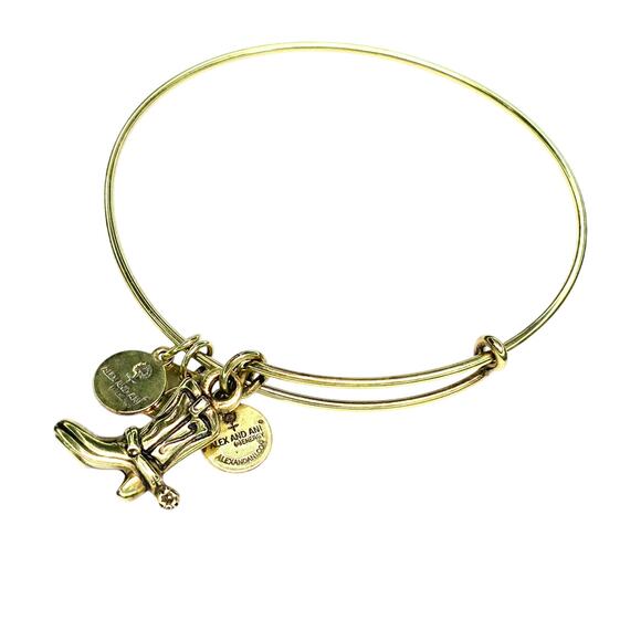 Alex and Ani Cowboy Boot Peace Sign Brown Glass Beaded Gold Tone Bangle Bracelet - Picture 2 of 8